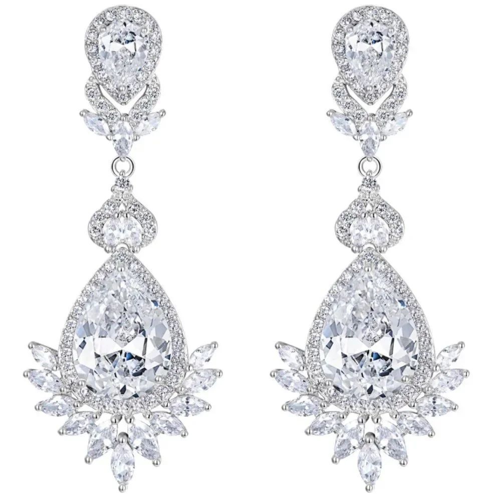Silver with White Diamond Cubic Zirconia Vintage Style Chandelier Post Earrings